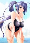  blue_eyes blue_hair breasts cleavage competition_swimsuit hayase_mitsuki highres kimi_ga_nozomu_eien long_hair one-piece_swimsuit ponytail swimsuit tnonizyou wet 