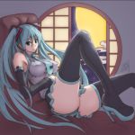  1girl aqua_hair blackmoon blue_eyes blue_hair boots breasts detached_sleeves erect_nipples green_eyes hatsune_miku high_heels impossible_clothes large_breasts long_hair lying moon necktie pantyshot reclining shoes skirt smile solo taut_shirt thigh-highs thigh_boots thighhighs tie twintails very_long_hair vocaloid window 