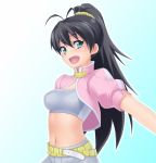  antenna_hair artist_request belt black_hair bust cool_&amp;_sexy_(idolmaster) crop_top cropped_jacket fang ganaha_hibiki gradient gradient_background green_eyes idolmaster long_hair looking_at_viewer midriff navel pink_diamond_765 ponytail solo 