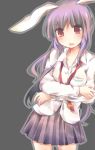  animal_ears bad_id blush bunny_ears carrot grey_background long_hair long_sleeves open_mouth purple_hair rabbit_ears red_eyes reisen_udongein_inaba remon_(t_drop) solo touhou 