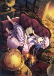  barefoot book bookshelf candle capelet cat couch crescent fireplace flower globe hat kichiroku long_hair long_sleeves lying open_mouth patchouli_knowledge purple_eyes purple_hair rose solo touhou vase violet_eyes wide_sleeves 
