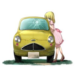  blonde_hair blush car crack erubo grass green_eyes leaning motor_vehicle original short_hair short_sleeves smile solo standing vehicle 