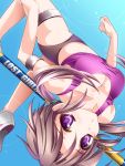  breasts brown_hair buruma cleavage copyright_request highres moneti_(daifuku) pole_vault purple_eyes shoes solo tank_top track_and_field upside-down violet_eyes 