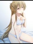  1girl asuna_(sao) bikini blonde_hair blue_bikini blush breasts cleavage collarbone kirito_(tundereyuina) long_hair open_mouth polka_dot polka_dot_bikini polka_dot_swimsuit sitting solo swimsuit sword_art_online very_long_hair yellow_eyes yuuki_asuna 