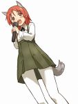  :d animal_ears blush dress jankey4649 long_sleeves microphone minna-dietlinde_wilcke open_mouth pantyhose red_eyes red_hair redhead shiba_murashouji singing smile solo strike_witches tail young 