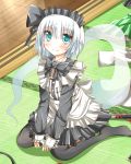  alternate_costume bad_feet black_legwear blue_eyes blush bow cosplay ehimedaisuki enmaided ghost highres hitodama konpaku_youmu konpaku_youmu_(ghost) maid maid_headdress scabbard sheath short_hair silver_hair sitting solo tatami tears thigh-highs thighhighs touhou wariza 