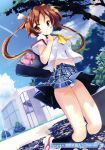  absurdres bad blue_panties brown_eyes brown_hair copyright_request dutch_angle highres keychain legs panties pantsu pantyshot school_uniform shimapan socks striped striped_panties takashina_masato tree twintails underwear white_panties wind_lift 