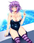  anzu_(onelelee) bad_id blue_eyes blush breasts candy cleavage lollipop looking_at_viewer mouth_hold purple_hair rosario+vampire school_swimsuit shiny shiny_skin shirayuki_mizore short_hair sitting solo striped striped_legwear swimsuit thigh-highs thighhighs v 