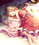  :d ^_^ barefoot blonde_hair closed_eyes eyes_closed flandre_scarlet light_particles lying mikkii on_side open_mouth pillow smile solo sunlight touhou wings 