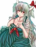  breasts cleavage collarbone ex-keine green_hair horns kamishirasawa_keine long_hair multicolored_hair panzer red_eyes short_sleeves slit_pupils solo tail touhou two-tone_hair very_long_hair white_background white_hair 