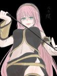  black_background breasts green_eyes long_hair looking_at_viewer megurine_luka naughty_face nyakelap pink_hair simple_background smile solo very_long_hair vocaloid whip 