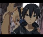  &gt;:o 1girl :o arm_holding asuna_(sao) black_eyes black_hair blush brown_eyes brown_hair hands_on_shoulders hiding holding_arm kirito letterboxed long_hair nori_tamago protecting sword_art_online 