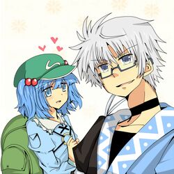  1boy 1girl aqua_eyes backpack bag blue_eyes blue_hair blush choker glasses hair_bobbles hair_ornament hat hetero hyoumamyon kawashiro_nitori key morichika_rinnosuke open_mouth semi-rimless_glasses short_hair silver_hair smile touhou twintails under-rim_glasses 