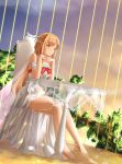  1girl absurdres artist_request asuna_(sao) barefoot blonde_hair bow brown_eyes brown_hair cage chair dress highres leenalink long_hair pointy_ears sitting solo sword_art_online table titania_(sao) yellow_eyes 