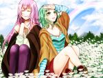  casual closed_eyes eyes_closed flower flower_field green_eyes green_hair gumi hand_on_forehead long_hair megurine_luka multiple_girls open_mouth pantyhose parted_lips pink_hair rainbow short_hair sitting sky smile vocaloid yurichikao yuruchikao 