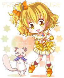  ^_^ boots bow brown_eyes brown_hair character_name chibi choker closed_eyes cure_pine earrings eyes_closed ferret fresh_precure! hair_bow heart hiyopuko jewelry magical_girl precure short_hair side_ponytail skirt smile tart title_drop yamabuki_inori 