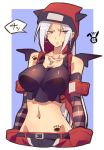  1girl arai_nobu belt blush breasts chloe_fleurage dog_tags elbow_gloves frown gloves hoodie large_breasts long_hair midriff navel original paw_print red_eyes shiny shiny_clothes shiny_skin shorts signature silver_hair solo standing tattoo translated white_hair 