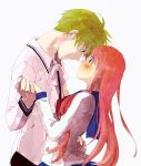  1girl blush couple daidouji_mayura dancing forehead-to-forehead forehead_to_forehead green_eyes hand_holding holding_hands loki_(matantei_loki_ragnarok) long_hair matantei_loki_ragnarok pink_hair school_uniform serafuku short_hair yu_(kito) 