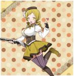  blonde_hair detached_sleeves drill_hair erubo gun hat heart magical_musket mahou_shoujo_madoka_magica musket open_mouth polka_dot polka_dot_background puffy_sleeves short_hair short_sleeves solo thigh-highs thighhighs tomoe_mami weapon yellow_eyes 