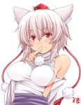  animal_ears bare_shoulders blush breasts colored_eyelashes detached_sleeves finger_to_mouth grin hasu_(hk_works) hat impossible_clothes impossible_shirt inubashiri_momiji looking_at_viewer red_eyes short_hair sideboob smile solo tokin_hat touhou white_hair wolf_ears 