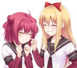  ^_^ akaza_akari blonde_hair blush cheek_poke closed_eyes double_bun eyes_closed grin long_hair multiple_girls pink_hair poking school_uniform serafuku short_hair smile suzushiro_yukari toshinou_kyouko yuru_yuri 