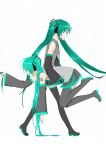 boots carrying clone detached_sleeves dual_persona green_hair hatsune_miku long_hair multiple_girls nyakelap simple_background skirt thigh-highs thigh_boots thighhighs tileable very_long_hair vocaloid white_background 