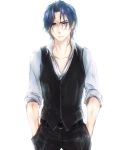  1boy asagi-2580 blue_eyes blue_hair fate/zero fate_(series) hands_in_pockets matou_byakuya solo vest waistcoan 