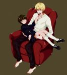  barefoot blonde_hair blood brown_eyes brown_hair child couch epwlzhsy fate/zero fate_(series) gilgamesh kotomine_kirei male multiple_boys red_eyes shorts time_paradox young 