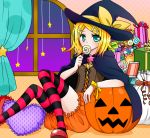  blonde_hair blush candy gift halloween hat heart jack-o&#039;-lantern jack-o'-lantern kagamine_rin nyakelap solo star vocaloid witch_hat 