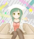  box copyright_request green_hair hoodie in_box in_container looking_at_viewer nyakelap pantyhose solo star vertical-striped_legwear vertical_stripes yellow_eyes 