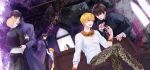  6+boys blonde_hair bracelet brown_hair casual child_gilgamesh cross cross_necklace fate/hollow_ataraxia fate/stay_night fate/zero fate_(series) genderswap gilgamesh highres hug jewelry kotomine_kirei multiple_boys multiple_girls multiple_persona necklace red_eyes snakeskin_print sunday31 