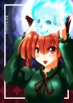  akudato animal_ears blush braid cat_ears character_name highres kaenbyou_rin long_hair long_sleeves open_mouth puffy_sleeves red_eyes red_hair redhead skull solo touhou twin_braids 
