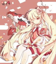  1girl blonde_hair bondson character_name detached_sleeves fish flower hair_flower hair_ornament hatsune_miku long_hair necktie red_eyes sakura_miku skirt smile solo thighhighs twintails very_long_hair vocaloid wink 