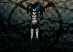  belt black_rock_shooter black_rock_shooter_(character) blue_eyes boots bsl chain chains checkered clock highres midriff scar solo twintails 