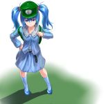  backpack bag belt blue_eyes blue_hair boots eno_(whiskeyne) from_above hair_bobbles hair_ornament hand_on_hip hat kawashiro_nitori long_sleeves solo standing touhou twintails 