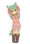  animal_ears arms_up boots cat_ears cat_tail dress green_eyes green_hair hands_on_head long_hair original paprika_shikiso pashikiso solo standing tail tears transparent_background 