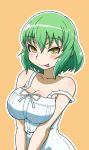  :p alternate_costume bare_shoulders blush bow breast_squeeze breasts cleavage collarbone dress green_hair haganemaru_kennosuke hikage_(senran_kagura) large_breasts lowres off_shoulder ribbon senran_kagura senran_kagura_burst short_hair simple_background slit_pupils smile solo strap_slip sundress tongue tongue_out v_arms yellow_eyes 