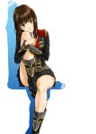  boots brown_hair green_eyes highres knee_boots leg_hug long_hair military military_uniform oku_hideki panties pantyshot pantyshot_(sitting) pleated_skirt setsuko_ohara shadow sitting skirt solo super_robot_wars super_robot_wars_z underwear uniform white_background white_panties 