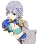  armor blue_eyes braid breasts cleavage cleavage_cutout gloves hair_ornament hairclip large_breasts ribonzu seolla_schweizer shoulder_pads silver_hair solo super_robot_wars super_robot_wars_original_generation 