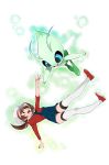  1girl agemono brown_eyes brown_hair cabbie_hat celebi hat kotone_(pokemon) open_mouth overalls pokemon pokemon_(creature) shoes short_shorts shorts sneakers thigh-highs thighhighs thighs twintails 