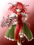  bandage bandages chain chains chinese_clothes cuffs double_bun flower highres ibaraki_kasen mazume puffy_sleeves red_eyes red_hair redhead rose shackles short_hair short_sleeves smile smoke solo touhou 