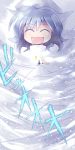  ayumi_tooru blue_hair closed_eyes eyes_closed hat highres hill letty_whiterock open_mouth snow snowstorm solo standing touhou 