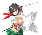  asuka_(senran_kagura) breasts brown_eyes brown_hair dual_wielding erect_nipples highres katana large_breasts nishiumi_yuuta scarf school_uniform senran_kagura sheath skirt solo sword weapon 