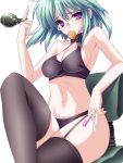  blush copyright_request explosive garter_straps glasses green_hair grenade halter_top halterneck highres midriff moneti_(daifuku) mouth_hold navel panties purple_eyes solo test_tube thigh-highs thighhighs underwear violet_eyes 