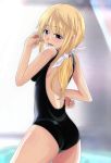  blonde_hair charlotte_dunois from_behind infinite_stratos long_hair one-piece_swimsuit purple_eyes swimsuit tobiuo_(62masa62) violet_eyes 