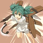  armor barefoot blush brown_background bucket energy_sword flying green_eyes green_hair gundam hair_bobbles hair_ornament jetpack kisume makeshift_weapons mecha no_nose open_mouth parody quess_paraya shield shielf short_hair simple_background sketch solo sword touhou weapon yudepii 