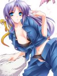  bird blue_eyes breasts cleavage copyright_request dog highres long_hair moneti_(daifuku) monkey open_clothes open_fly open_pants open_shirt purple_hair sleeves_rolled_up solo unzipped 