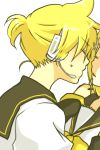  1girl brother_and_sister closed_eyes eyes_closed headphones incest incipient_kiss kagamine_len kagamine_rin nyakelap short_hair siblings simple_background twins vocaloid white_background 