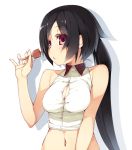  black_hair blush breasts bursting_breasts cleavage large_breasts long_hair midriff navel nekomu open_mouth original ponytail popsicle purple_eyes simple_background solo violet_eyes white_background 