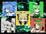  animal_ears blonde_hair blue_eyes blue_hair brown_eyes brown_hair collarbone dress earmuffs futatsuiwa_mamizou glasses green_dress green_eyes green_hair hair_rings hair_stick hat kaku_seiga leaf long_hair long_sleeves mononobe_no_futo multiple_girls open_mouth ponytail puffy_sleeves qontamblue raccoon_ears ritual_baton shawl short_hair silver_hair sleeveless slit_pupils soga_no_tojiko tate_eboshi touhou toyosatomimi_no_miko wide_sleeves wink yellow_eyes 